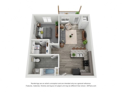 Floor plan for 1 bed, 1 bath, 615 sqft